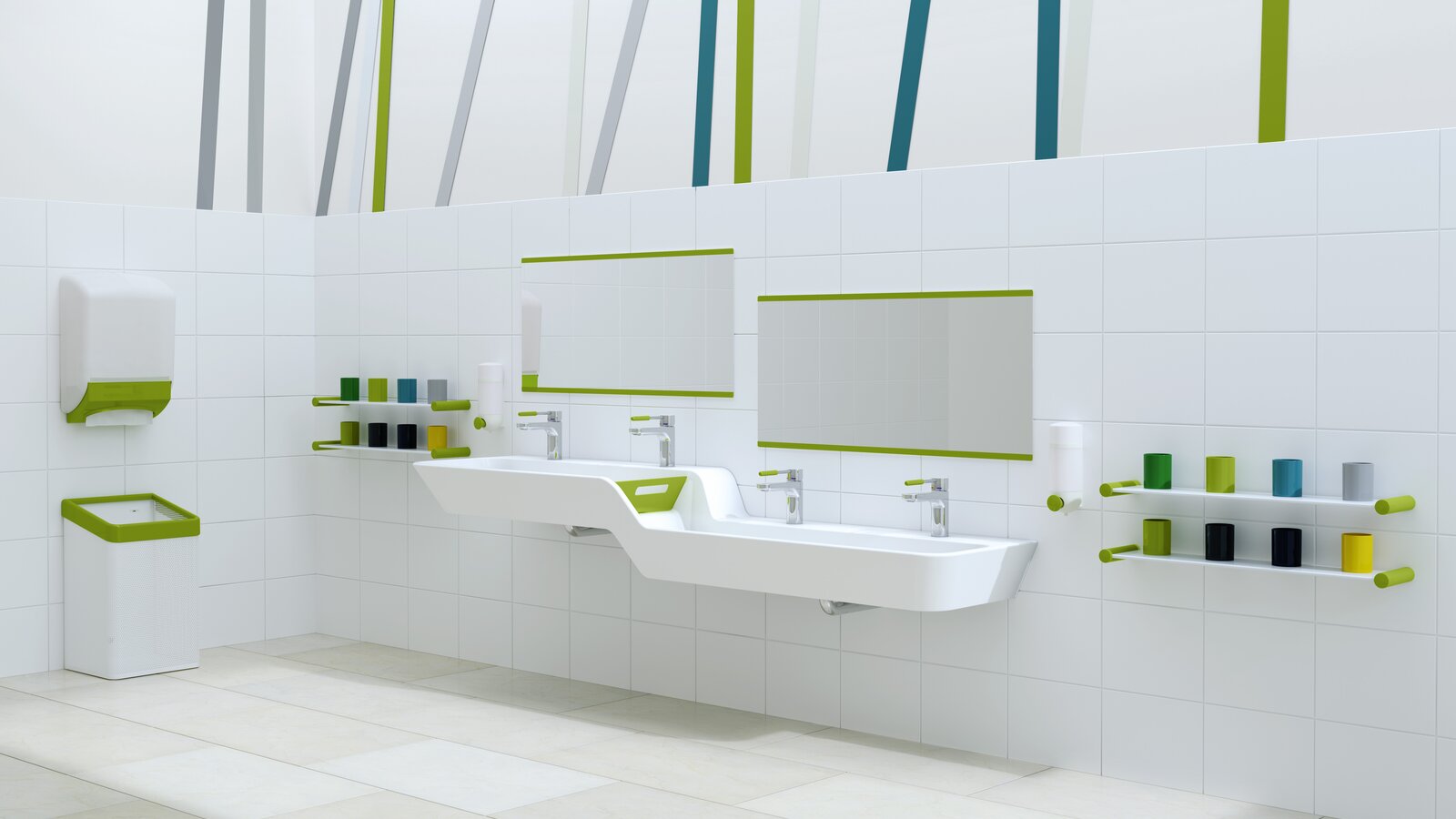 Child-friendly HEWI washbasin green Child-friendly washbasin with green accents, washbasin with built-in height and depth adjustment next to colourful toothbrush tumbler strips