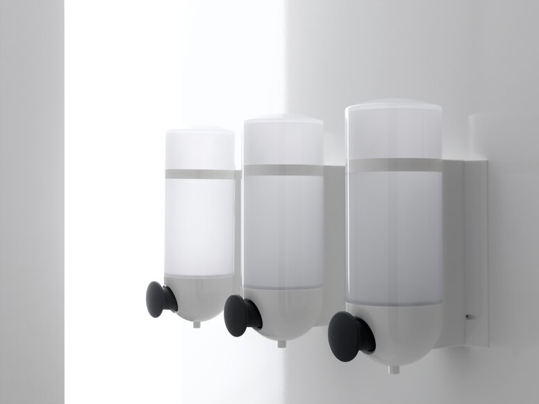 HEWI Soap Dispenser White Three HEWI soap dispensers with cylindrical design in white made of polyamide and push button in anthracite