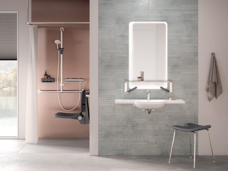 HEWI lift system anthracite Barrier-free care bathroom with washbasin and shower area