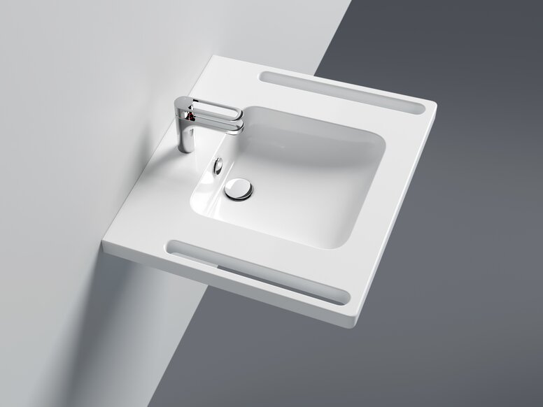 HEWI Washbasin overflow with handles Washbasin with overflow, integrated side handles and single-lever tap in chrome