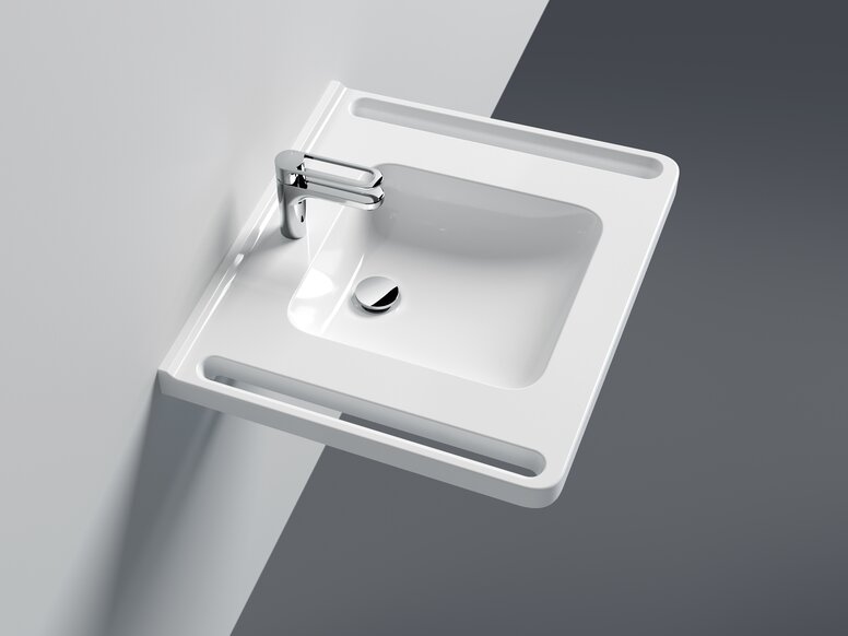 HEWI washbasin with handles Washbasin with integrated side handles and single lever tap in chrome